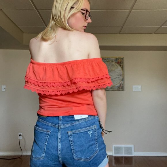 Ardene Shoulderless Frilly Top, M, Coral/Pink - Picture 2 of 6